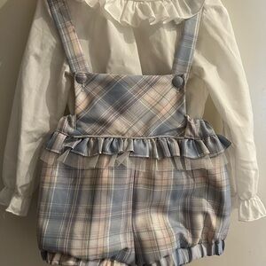 Blue and Pink Overalls with Ruffle Detail